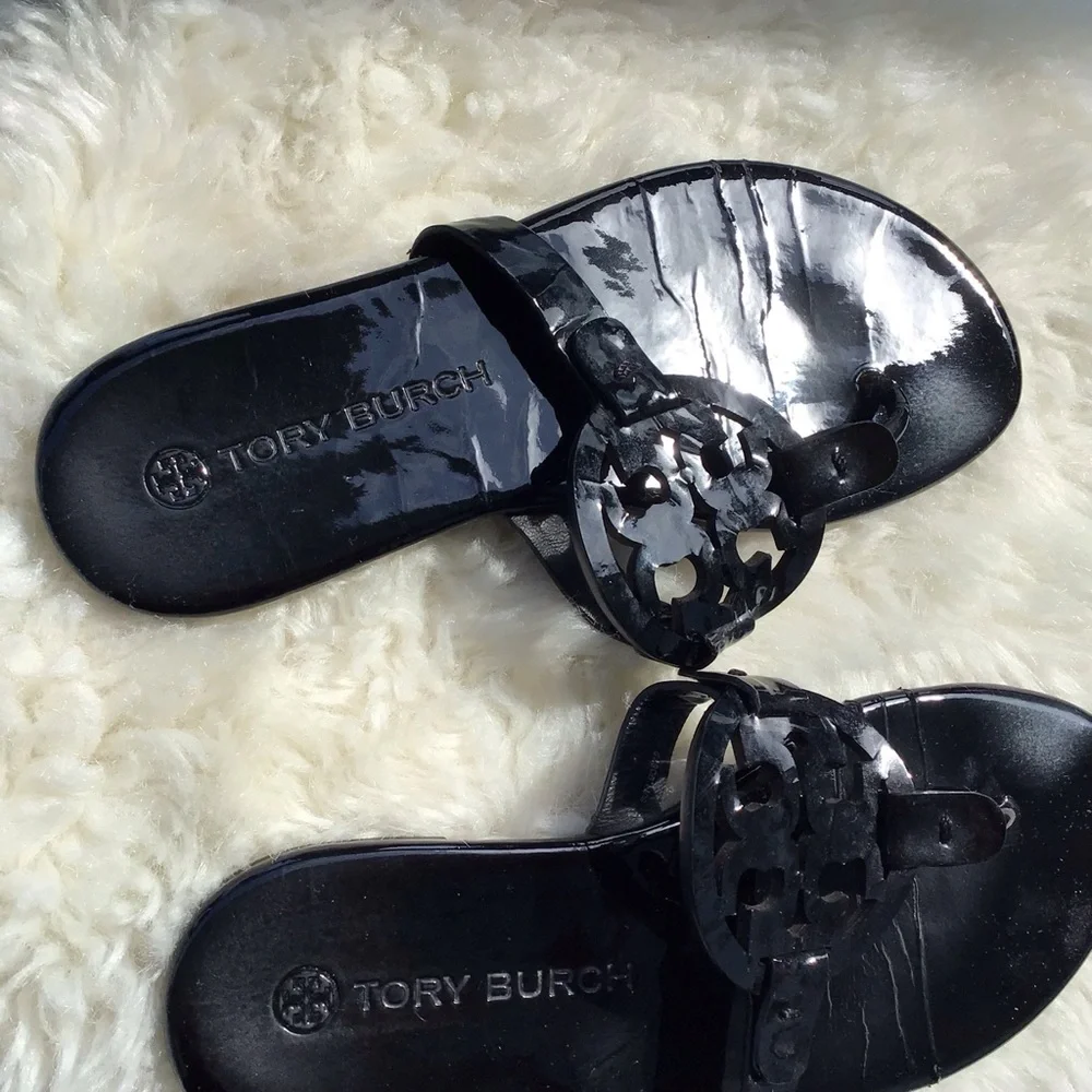 Tory Burch Miller Black Patent Logo Thong Sandals with Double Stacked T Logo